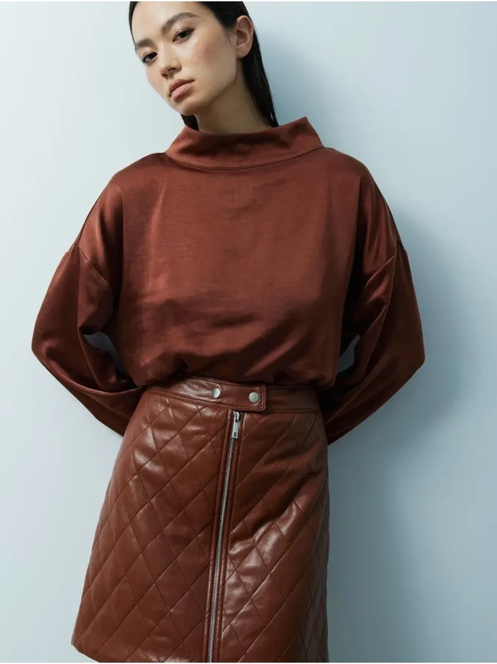 MELISSA NEPTON Long Sleeve Mock Neck Top in Marsala Brown